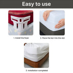 Step-by-step bed sheet tightening tool installation on mattress, hands demonstrating usage.