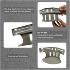 Gray plastic wall-mounted shelf with slotted design, shown in multiple angles and held by hands.